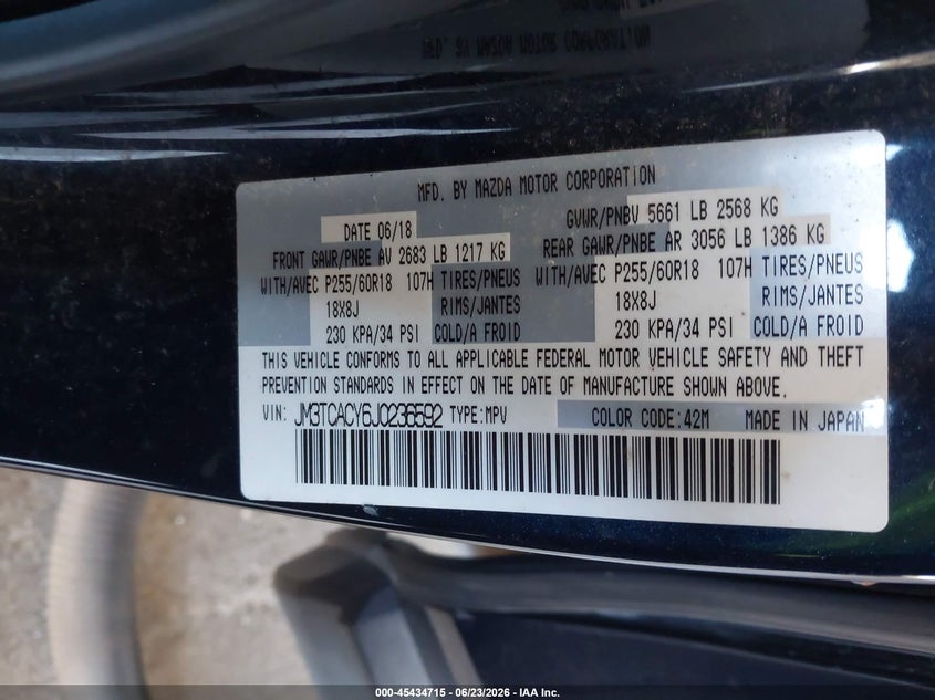 2018 Mazda Cx-9 VIN JM3TCACY6J0236592 IAAI salvage auction — RIGHT FRONT, Salvage (California), sold $4,300 on 2026-07-24 (photo 9)