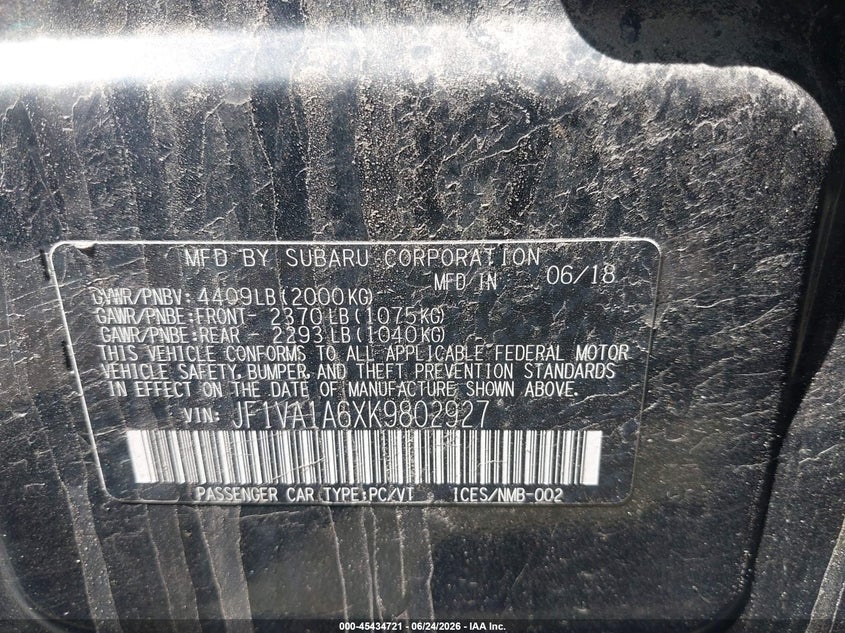 2019 Subaru Wrx VIN JF1VA1A6XK9802927 IAAI salvage auction — FRONT END, Salvage Title, sold $25 on 2026-07-31 (photo 9)