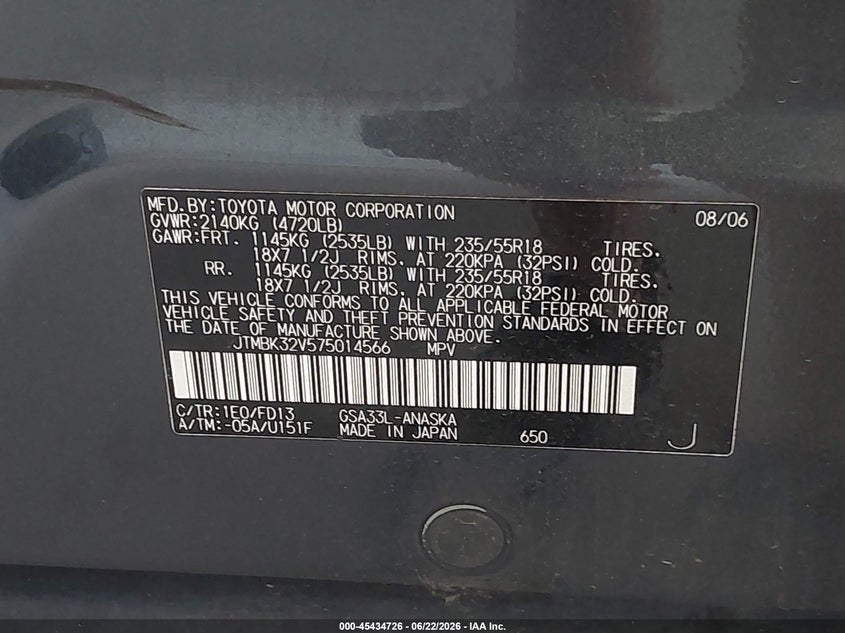 2007 Toyota Rav4 VIN JTMBK32V575014566 IAAI salvage auction — REAR END, Bill Of Sale (Washington), sold $1,450 on 2026-07-22 (photo 9)