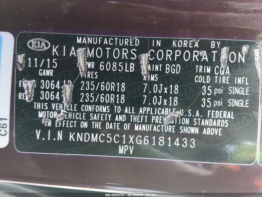 2016 Kia SEDONA VIN KNDMC5C1XG6181433 IAAI salvage auction — NORMAL WEAR, Clear (Georgia), sold $1,375 on 2026-07-23 (photo 9)