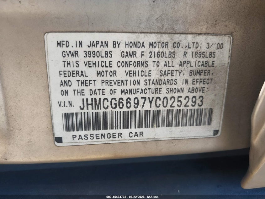 2000 Honda Accord VIN JHMCG6697YC025293 IAAI salvage auction — SIDE, Salvage (California), sold $200 on 2026-07-12 (photo 9)