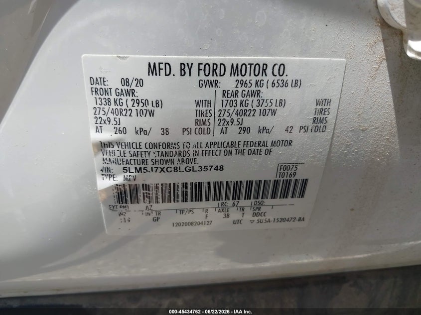 2020 Lincoln Aviator VIN 5LM5J7XC8LGL35748 IAAI salvage auction — REAR END, Salvage (Texas), sold $6,700 on 2026-08-01 (photo 9)