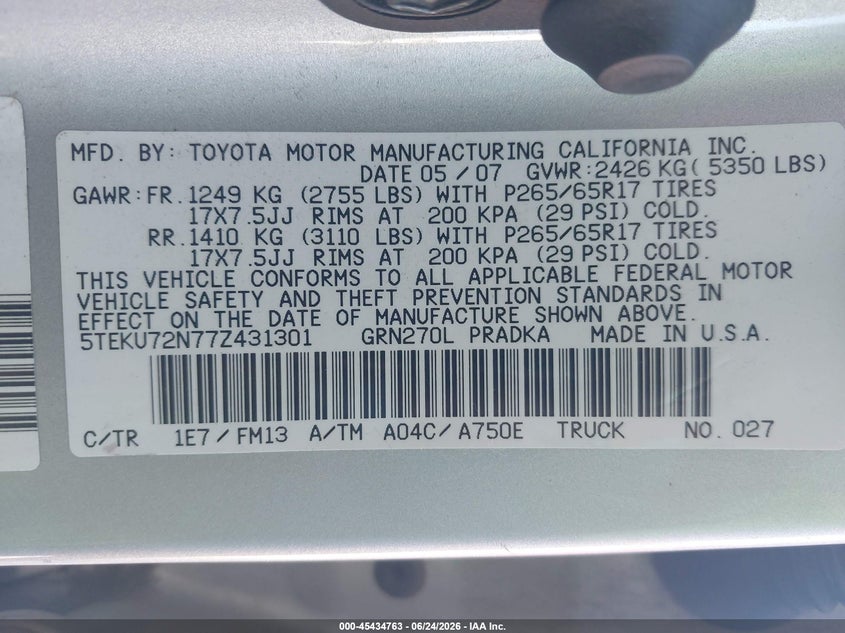 2007 Toyota Tacoma VIN 5TEKU72N77Z431301 IAAI salvage auction — FRONT END, Salvage (California), sold $4,650 on 2026-08-02 (photo 9)
