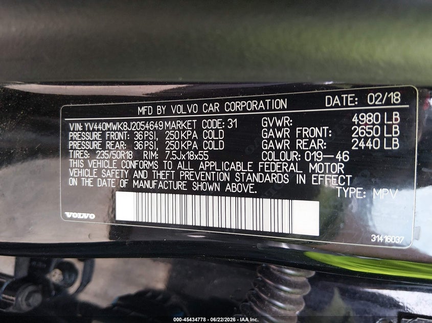 2018 Volvo V60 cross country VIN YV440MWK8J2054649 IAAI salvage auction — FRONT END, Salvage (Pennsylvania), sold $1,800 on 2026-07-14 (photo 9)
