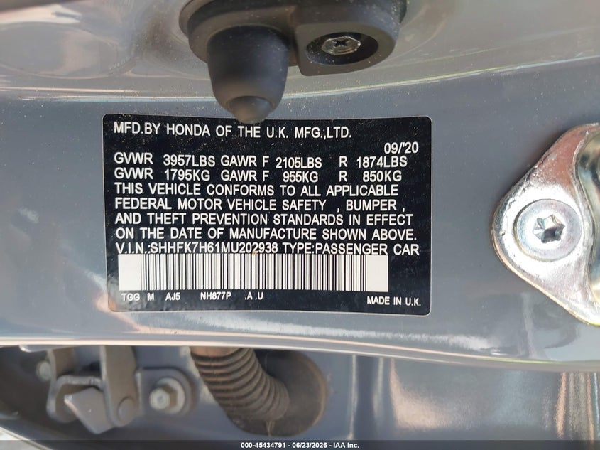 2021 Honda Civic VIN SHHFK7H61MU202938 IAAI salvage auction — FRONT END, Bill Of Sale (Washington), sold $25 on 2026-07-29 (photo 9)