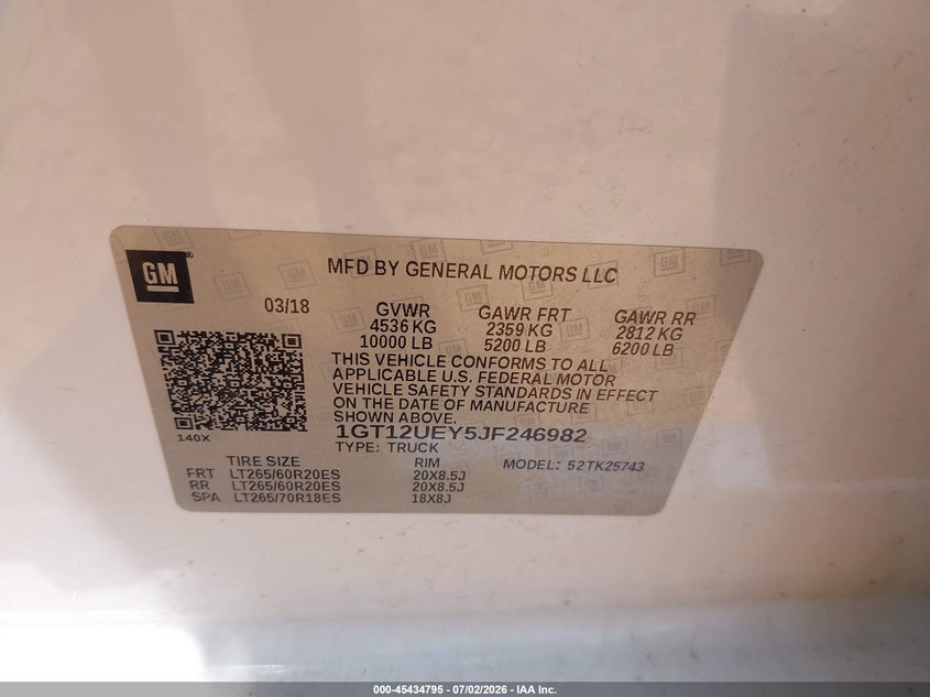 2018 Gmc SIERRA VIN 1GT12UEY5JF246982 IAAI salvage auction — HAIL, Clear (Missouri), sold $26,250 on 2026-08-03 (photo 9)