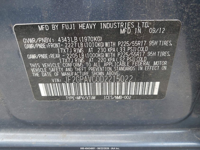 2013 Subaru VIN JF2GPAVC0D2215022 IAAI salvage auction — FRONT & REAR, Salvage (North Carolina), sold $2,950 on 2026-07-10 (photo 9)