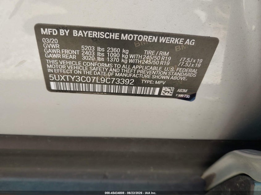 2020 BMW X3 VIN 5UXTY3C07L9C73392 IAAI salvage auction — FRONT END, Salvage (Texas), sold $8,400 on 2026-07-14 (photo 9)