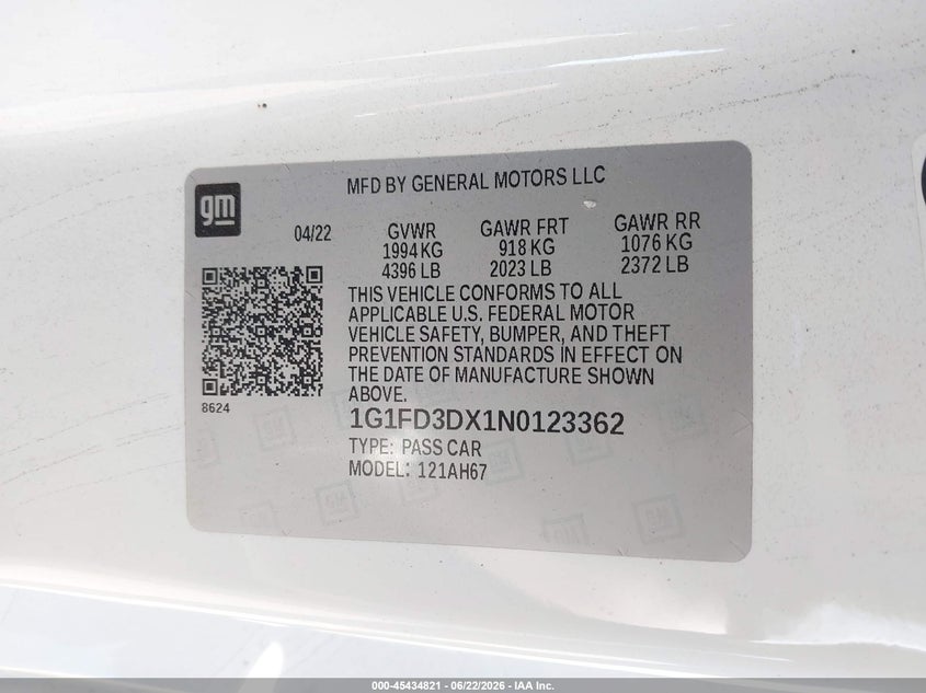 2022 Chevrolet Camaro VIN 1G1FD3DX1N0123362 IAAI salvage auction — RIGHT SIDE, Salvage Title, sold $9,000 on 2026-07-29 (photo 9)