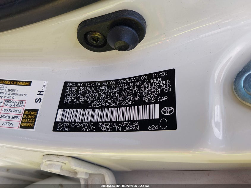 2021 Toyota Corolla VIN JTDEAMDE3MJ022042 IAAI salvage auction — HAIL, Salvage Title, sold $10,100 on 2026-07-28 (photo 9)