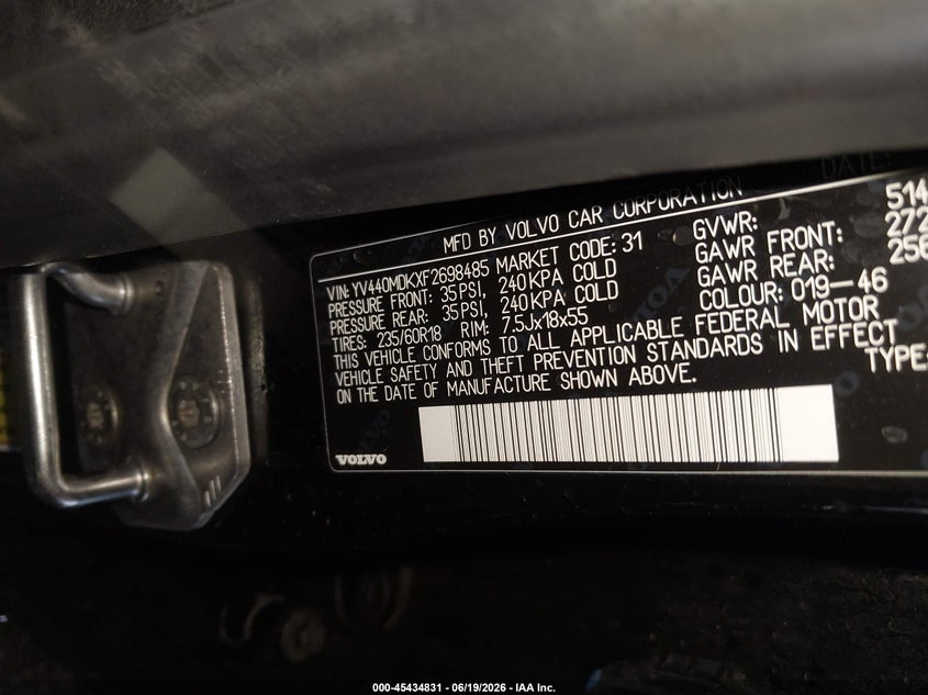 2015 Volvo Xc60 VIN YV440MDKXF2698485 IAAI salvage auction — UNKNOWN, Salvage Title, sold $1,000 on 2026-08-03 (photo 9)