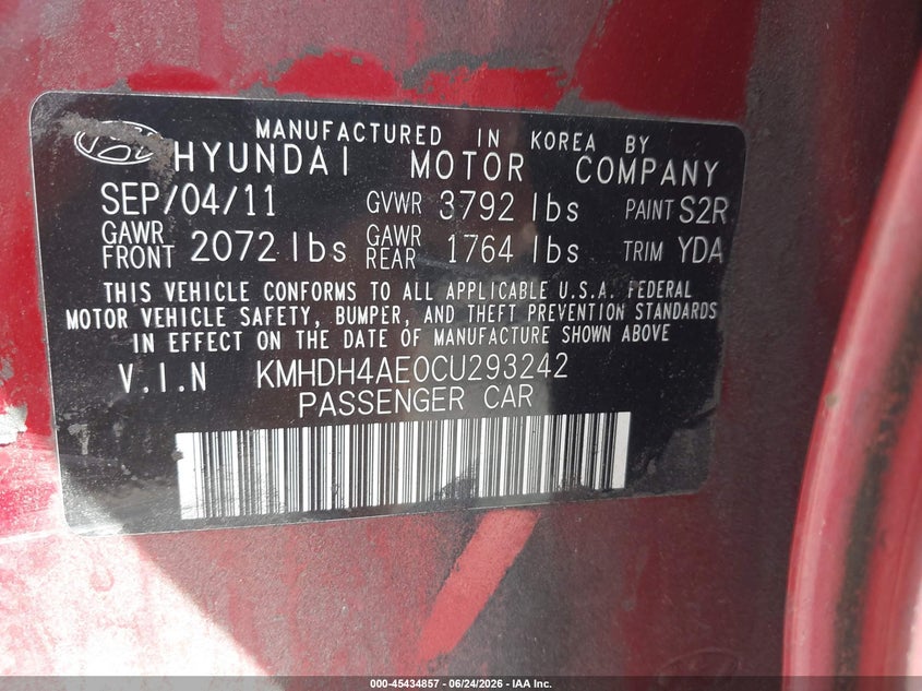 2012 Hyundai Elantra VIN KMHDH4AE0CU293242 IAAI salvage auction — Burn Interior, Mv-907A (New York), sold $275 on 2026-07-07 (photo 9)