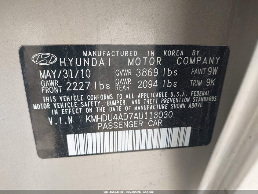 2010 Hyundai Elantra VIN KMHDU4AD7AU113030 IAAI salvage auction — SIDE, Clear (Indiana), sold $325 on 2026-07-28 (photo 9)
