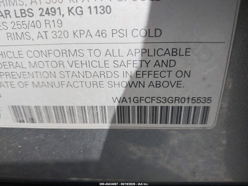 2016 Audi Q3 VIN WA1GFCFS3GR015535 IAAI salvage auction — RIGHT FRONT, Salvage (North Carolina), sold $25 on 2026-07-24 (photo 9)