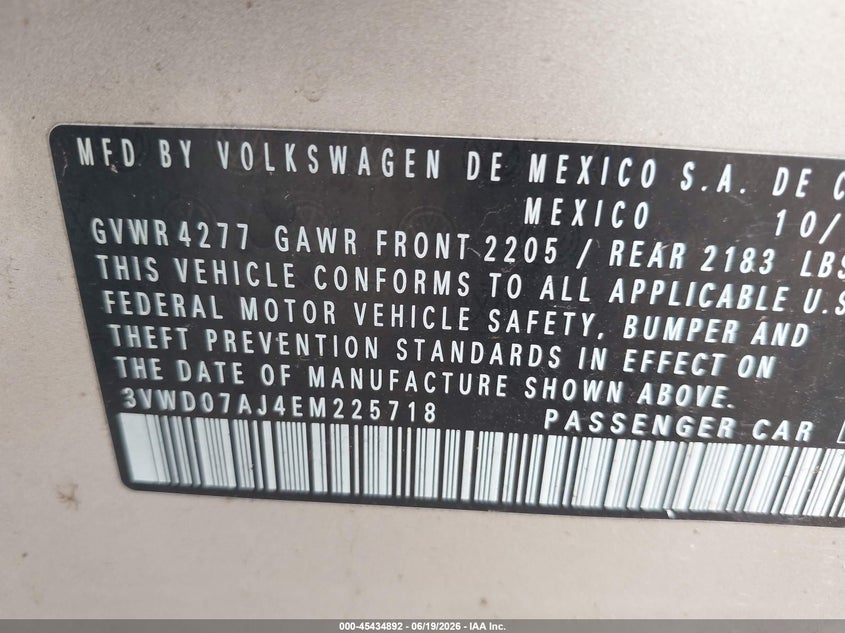 2014 Volkswagen Jetta VIN 3VWD07AJ4EM225718 IAAI salvage auction — NORMAL WEAR, Original (Texas), sold $1,750 on 2026-07-13 (photo 9)