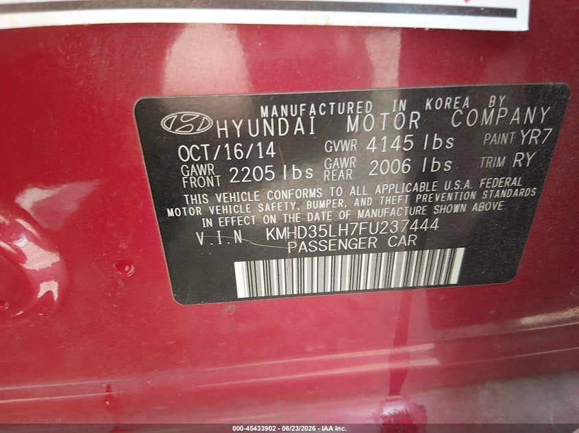 2015 Hyundai Elantra VIN KMHD35LH7FU237444 IAAI salvage auction — ENGINE DAMAGE, Salvage (Mississippi), sold $225 on 2026-07-24 (photo 9)