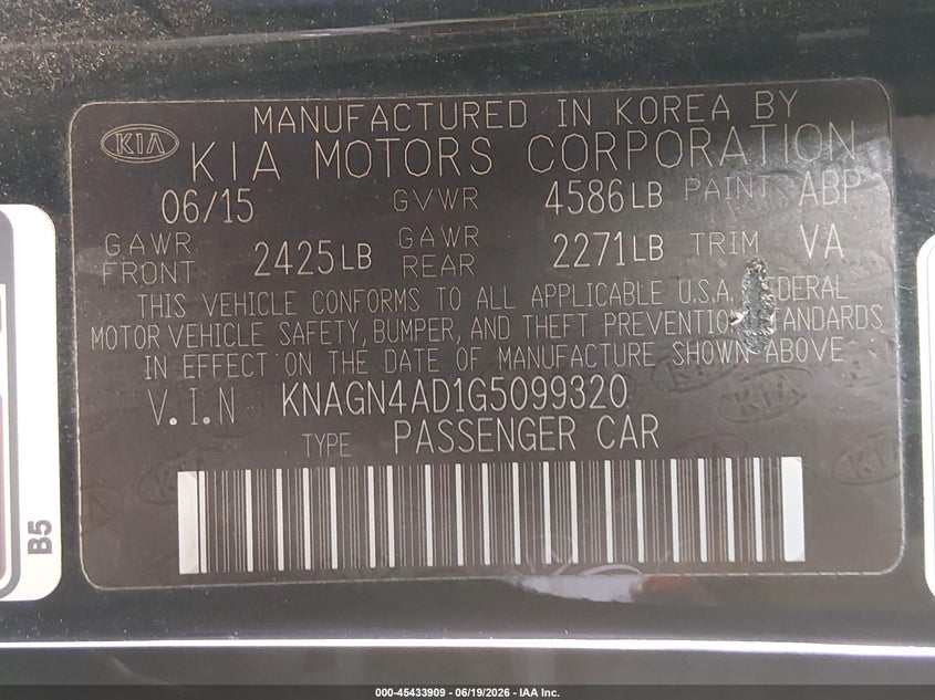 2016 Kia Optima VIN KNAGN4AD1G5099320 IAAI salvage auction — ROLLOVER, Salvage (California), sold $750 on 2026-07-20 (photo 9)