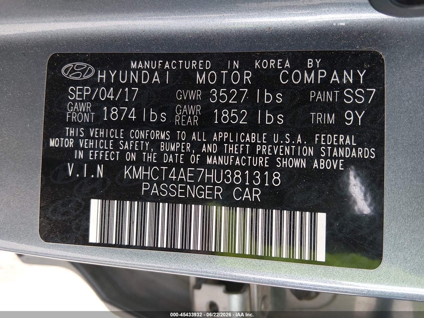 2017 Hyundai Accent VIN KMHCT4AE7HU381318 IAAI salvage auction — UNKNOWN, Salvage (Kansas), sold $25 on 2026-07-24 (photo 9)