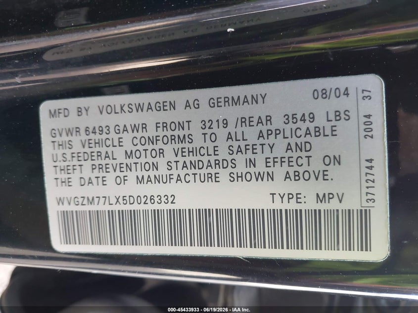 2005 Volkswagen Touareg VIN WVGZM77LX5D026332 IAAI salvage auction — FRONT END, Bill Of Sale (Washington), sold $25 on 2026-07-21 (photo 9)