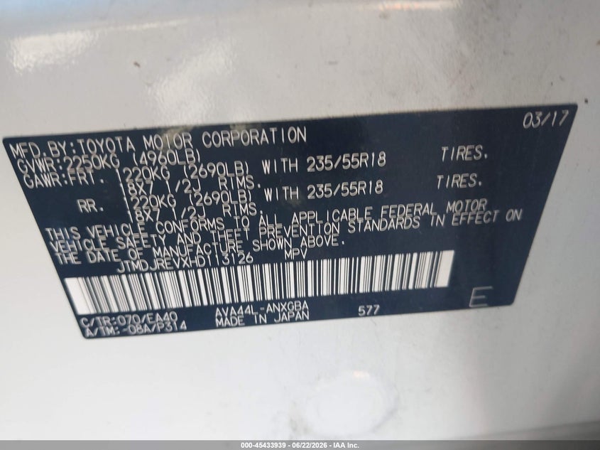 2017 Toyota Rav 4 VIN JTMDJREVXHD113126 IAAI salvage auction — FRONT & REAR, Salvage (North Carolina), sold $7,900 on 2026-09-21 (photo 9)