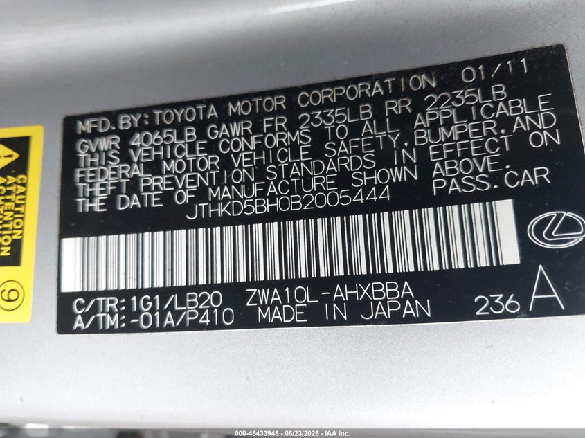 2011 Lexus Ct VIN JTHKD5BH0B2005444 IAAI salvage auction — WATER/FLOOD, Clear (Massachusetts), sold $2,350 on 2026-07-19 (photo 9)