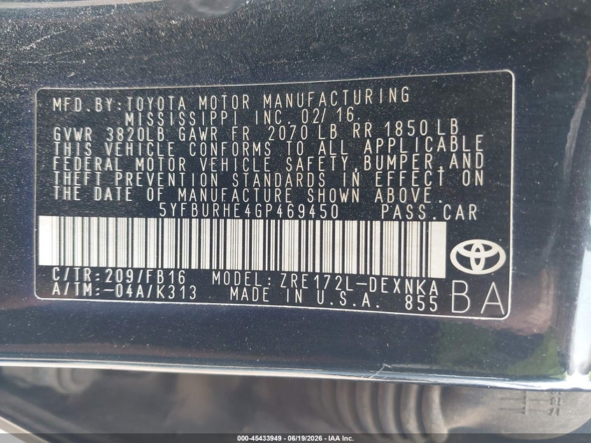 2016 Toyota Corolla VIN 5YFBURHE4GP469450 IAAI salvage auction — FRONT END, Original (Texas), sold $3,500 on 2026-07-30 (photo 9)