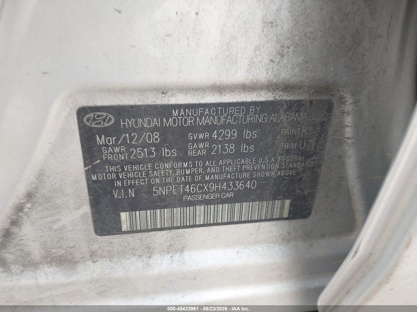 2009 Hyundai Sonata VIN 5NPET46CX9H433640 IAAI salvage auction — REAR END, Salvage (Texas), sold $400 on 2026-07-21 (photo 9)