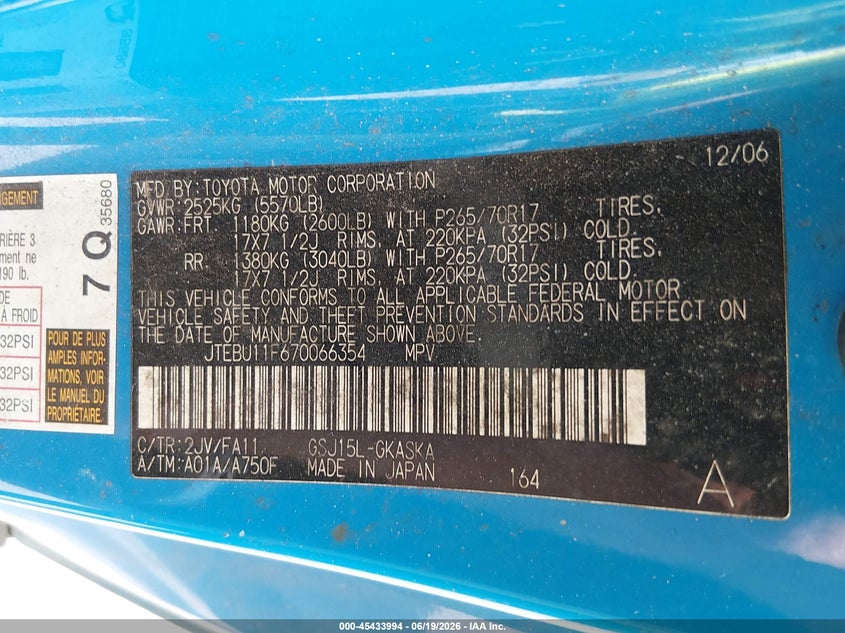 2007 Toyota Fj cruiser VIN JTEBU11F670066354 IAAI salvage auction — FRONT & REAR, Salvage (Georgia), sold $2,750 on 2026-07-11 (photo 9)