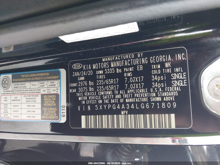 2020 Kia Sorento VIN 5XYPG4A34LG671809 IAAI salvage auction — FRONT END, Salvage Title, sold $25 on 2026-07-29 (photo 9)