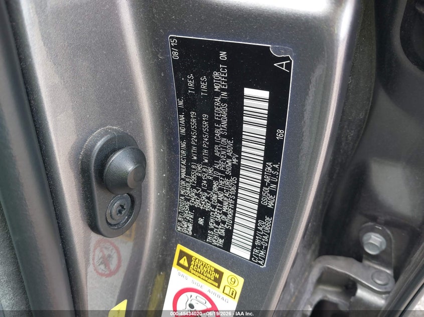 2015 Toyota Highlander VIN 5TDYKRFH1FS106705 IAAI salvage auction — RIGHT REAR, Mv-907A (New York), sold $7,450 on 2026-07-15 (photo 9)