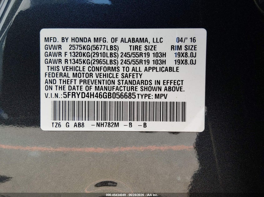2016 Acura Mdx VIN 5FRYD4H46GB056685 IAAI salvage auction — FRONT END, Salvage Title, sold $3,500 on 2026-07-19 (photo 9)