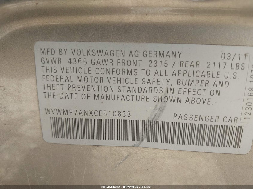 2012 Volkswagen Passat cc VIN WVWMP7ANXCE510833 IAAI salvage auction — LEFT SIDE, Salvage Title, sold $25 on 2026-07-23 (photo 9)