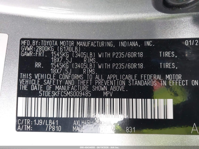 2021 Toyota Sienna VIN 5TDESKFC5MS009485 IAAI salvage auction — FRONT END, Clear (Michigan), sold $10,900 on 2026-07-09 (photo 9)