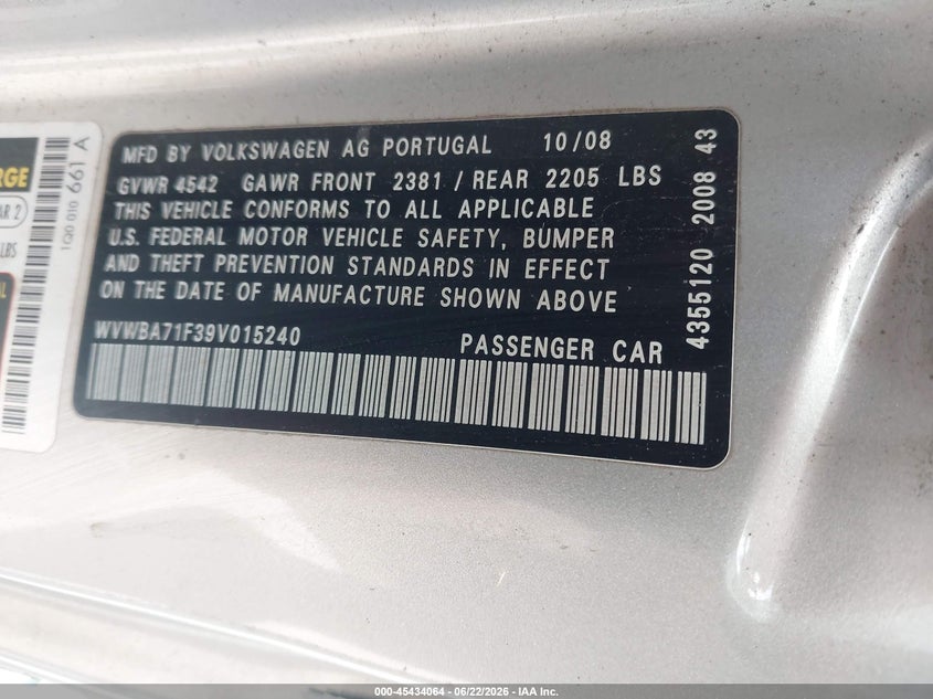 2009 Volkswagen Eos VIN WVWBA71F39V015240 IAAI salvage auction — LEFT SIDE, Junk Bill Of Sale Mv2459 (Wisconsin), sold $300 on 2026-07-15 (photo 9)
