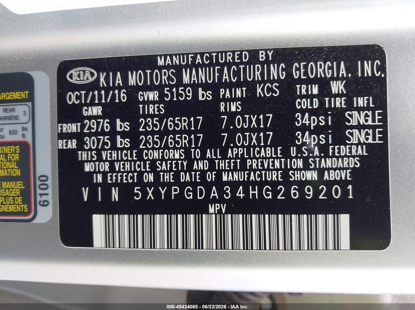 2017 Kia Sorento VIN 5XYPGDA34HG269201 IAAI salvage auction — RIGHT FRONT, Salvage (Pennsylvania), sold $3,250 on 2026-07-15 (photo 9)
