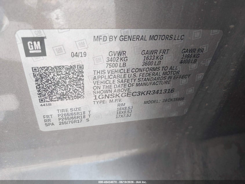 2019 Chevrolet Suburban VIN 1GNSKGEC3KR341316 IAAI salvage auction — FRONT END, Sf97 (Nevada), sold $20,300 on 2026-07-28 (photo 9)