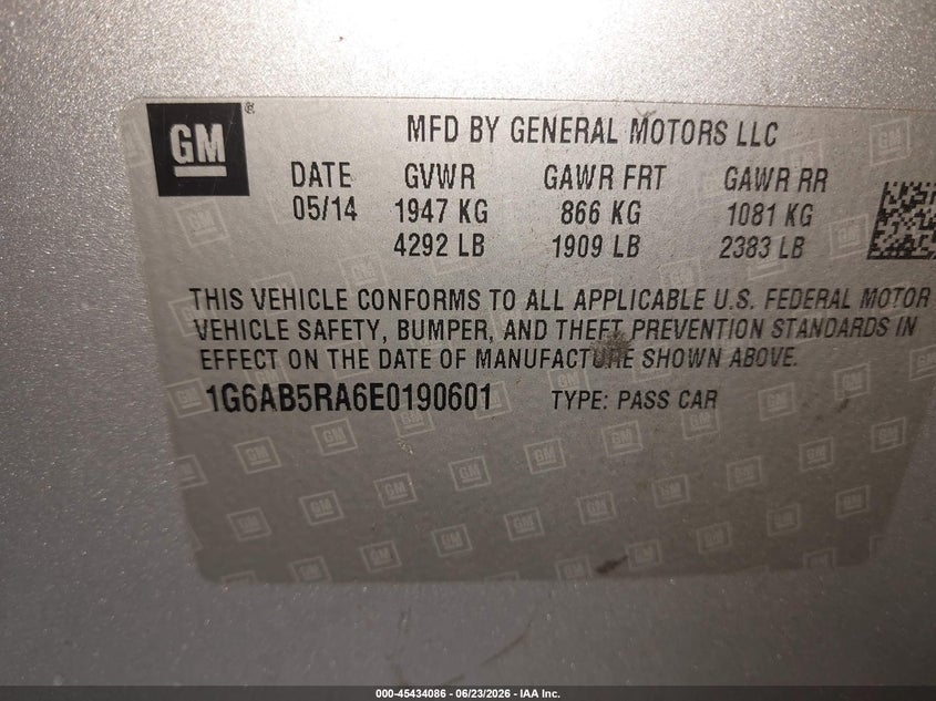 2014 Cadillac Ats VIN 1G6AB5RA6E0190601 IAAI salvage auction — NORMAL WEAR, Clear (New Jersey), sold $425 on 2026-07-20 (photo 9)