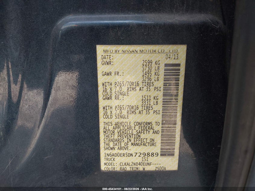 2013 Nissan Navara (frontier) VIN 1N6AD0ER5DN729889 IAAI salvage auction — FRONT END, Salvage (Georgia), sold $1,950 on 2026-07-22 (photo 9)