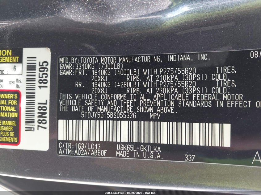 2011 Toyota Sequoia VIN 5TDJY5G15BS055326 IAAI salvage auction — LEFT & RIGHT, Salvage (Idaho), sold $2,950 on 2026-07-14 (photo 9)