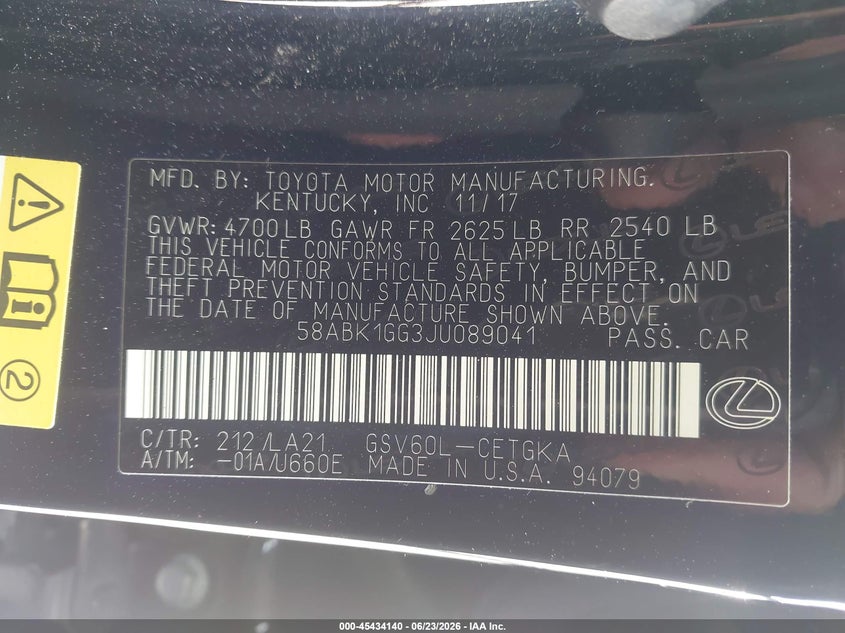 2018 Lexus ES VIN 58ABK1GG3JU089041 IAAI salvage auction — FRONT END, Original (Texas), sold $6,475 on 2026-09-03 (photo 9)