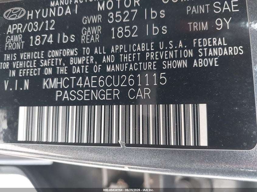 2012 Hyundai Accent VIN KMHCT4AE6CU261115 IAAI salvage auction — THEFT, Salvage (California), sold $325 on 2026-07-13 (photo 9)