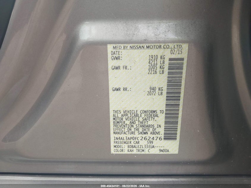 2015 Nissan Altima VIN 1N4AL3AP0FC262476 IAAI salvage auction — REAR END, Salvage (Pennsylvania), sold $475 on 2026-07-17 (photo 9)