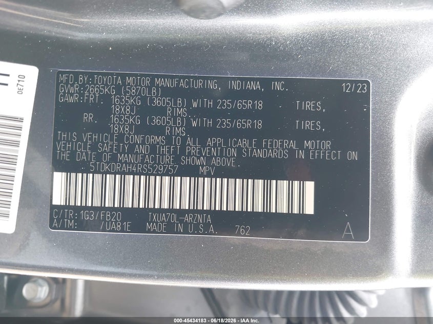 2024 Toyota Highlander VIN 5TDKDRAH4RS529757 IAAI salvage auction — RIGHT FRONT, Salvage (California), sold $14,050 on 2026-07-22 (photo 9)