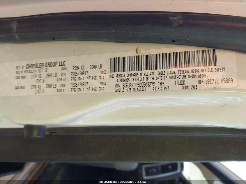 2013 Ram 1500 VIN 3C6JR7EP5DG503279 IAAI salvage auction — NORMAL WEAR, Salvage Title, sold $350 on 2026-07-29 (photo 9)