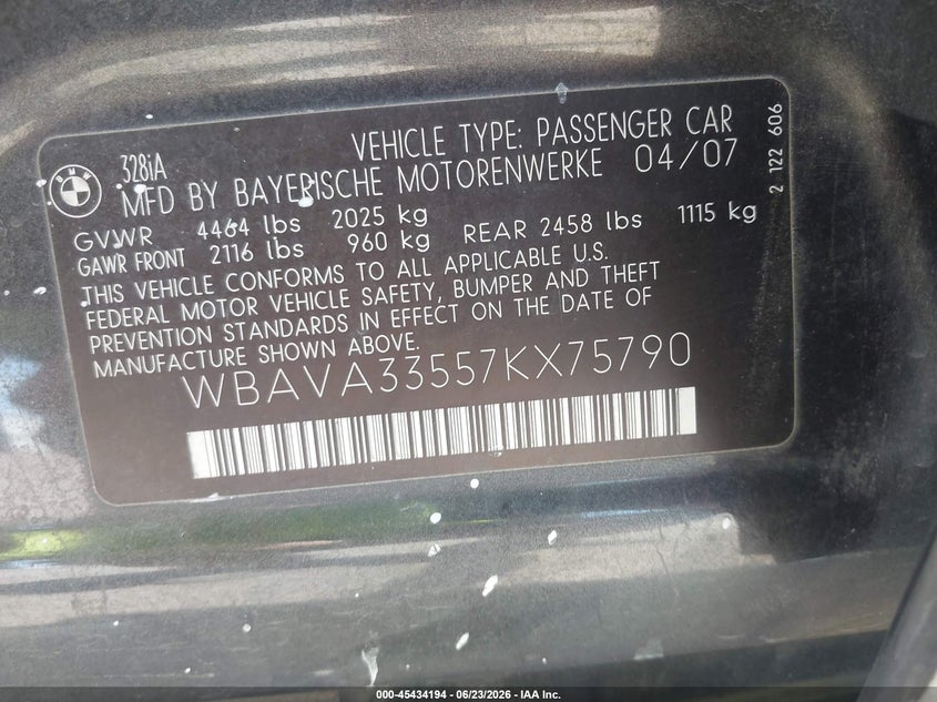 2007 BMW 3 series VIN WBAVA33557KX75790 IAAI salvage auction — RIGHT FRONT, Bill Of Sale (Washington), sold $275 on 2026-07-14 (photo 9)