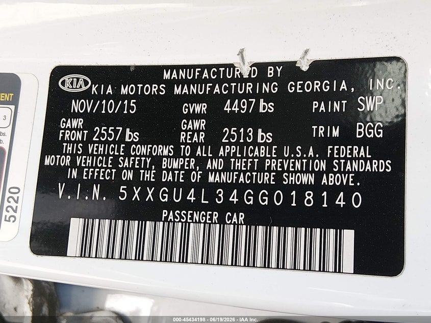 2016 Kia Optima VIN 5XXGU4L34GG018140 IAAI salvage auction — REAR END, Salvage (California), sold $1,950 on 2026-07-06 (photo 9)