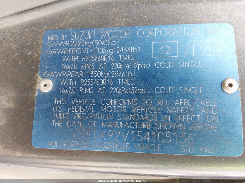 2005 Suzuki Xl7 VIN JS3TX92V154105136 IAAI salvage auction — NORMAL WEAR, Clear (South Carolina), sold $475 on 2026-07-08 (photo 9)