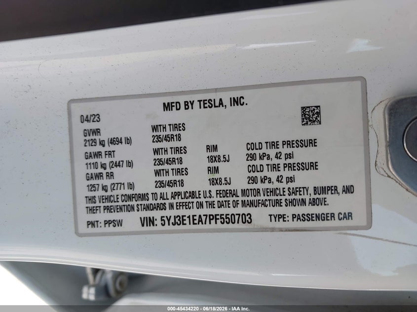 2023 Tesla Model 3 VIN 5YJ3E1EA7PF550703 IAAI salvage auction — FRONT END, Salvage (California), sold $9,500 on 2026-07-29 (photo 9)
