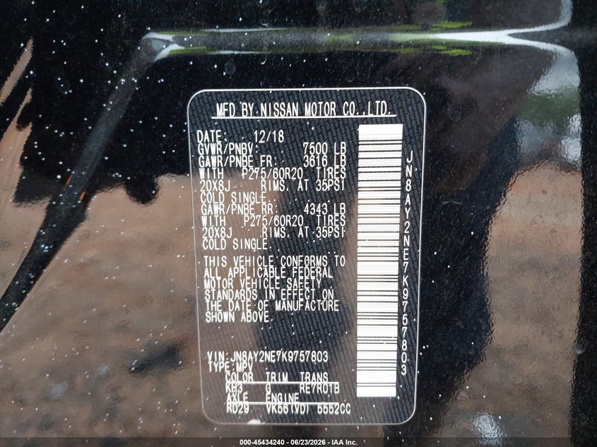 2019 Nissan Armada VIN JN8AY2NE7K9757803 IAAI salvage auction — SIDE, Salvage (North Carolina), sold $6,700 on 2026-07-30 (photo 9)