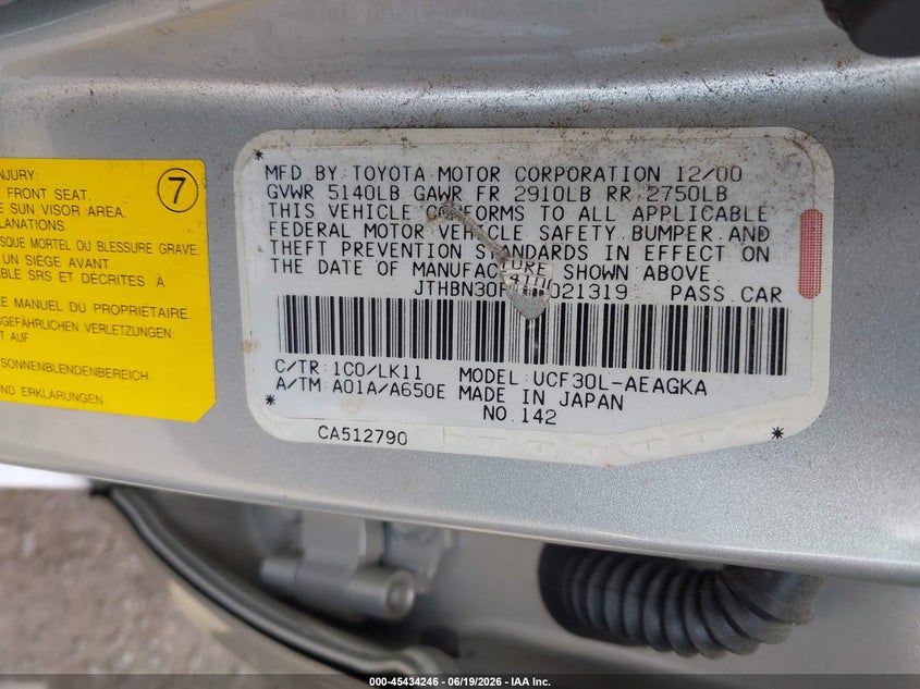 2001 Lexus Ls 430 VIN JTHBN30F410021319 IAAI salvage auction — FRONT END, Salvage (Idaho), sold $575 on 2026-07-08 (photo 9)